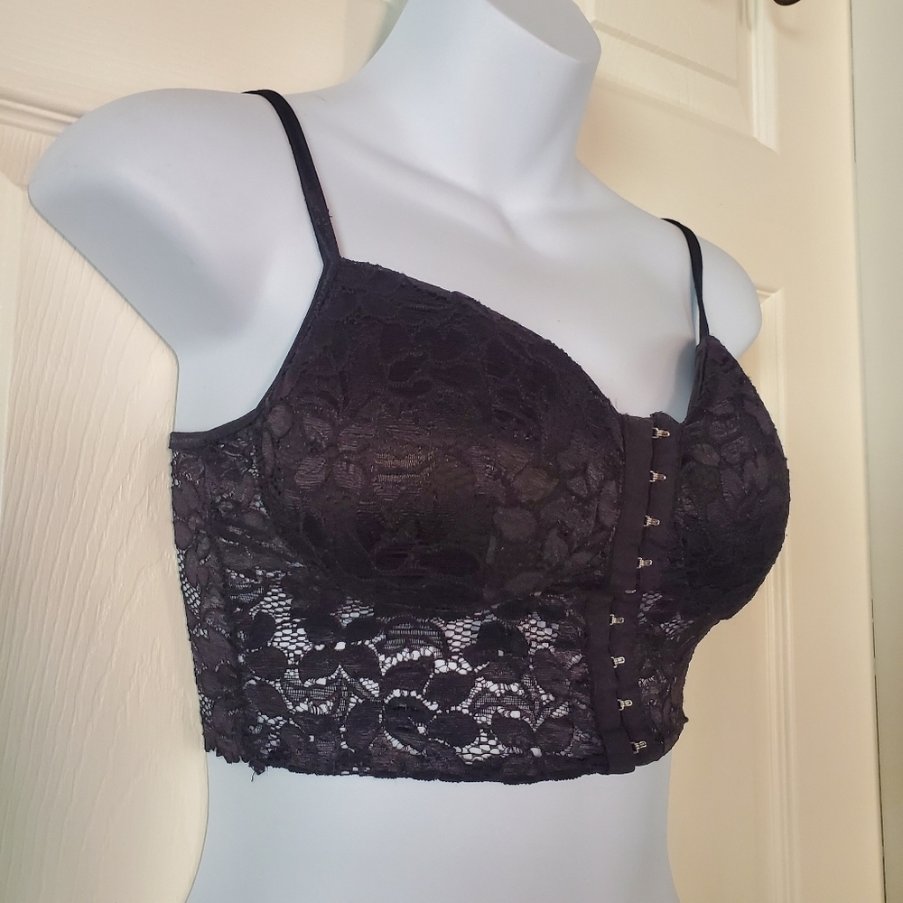 Hook & Eye Tape Front Lace Bralette Padded Top Crop Tank Padded Y2K Bustier Smll